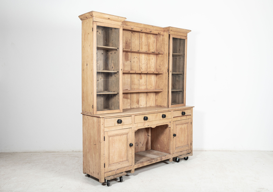Antique Large 19thC English Glazed Inverted Breakfront Pine Dresser	