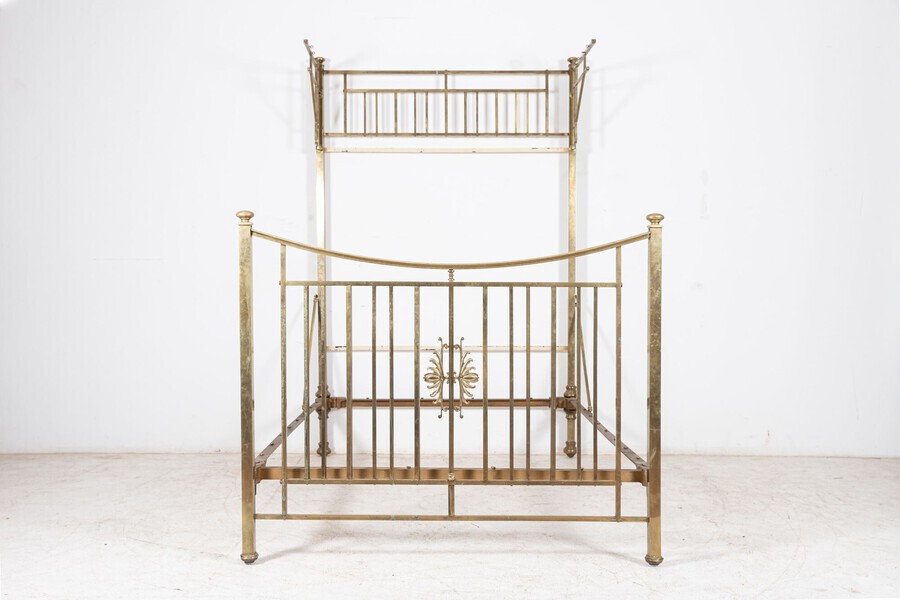 Antique 19thC English Half Tester Double Brass Bed Frame