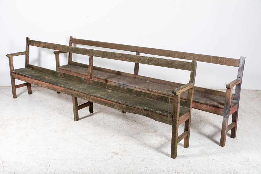 Antique Pair 19thC English Rustic Painted Chapel Benches