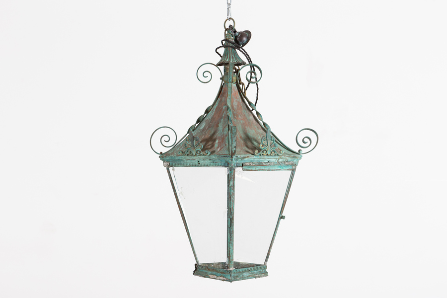 Antique Arts&Crafts Verdigris Brass & Copper Hall Lantern