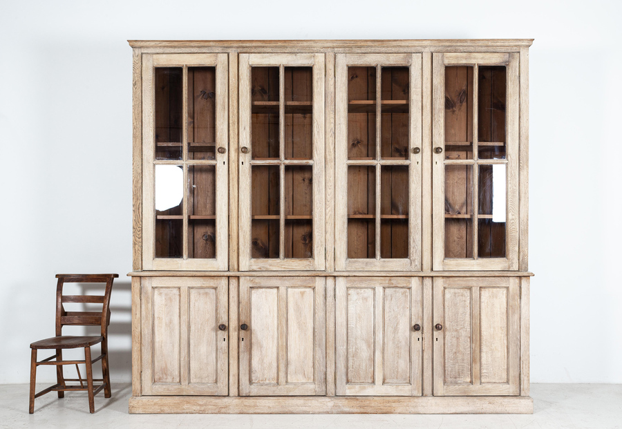 Large English Bleached Oak Glazed Bookcase