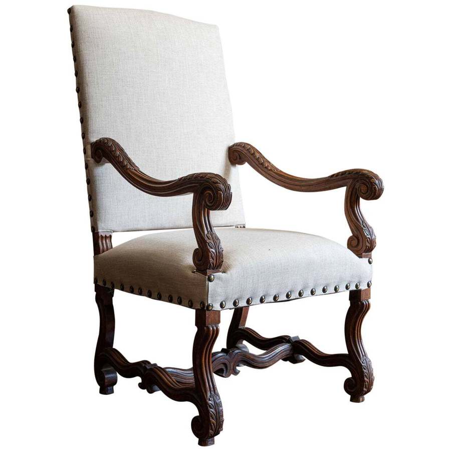 19th Century French Mahogany Louis XIV Style Armchair Reupholstered in Linen1