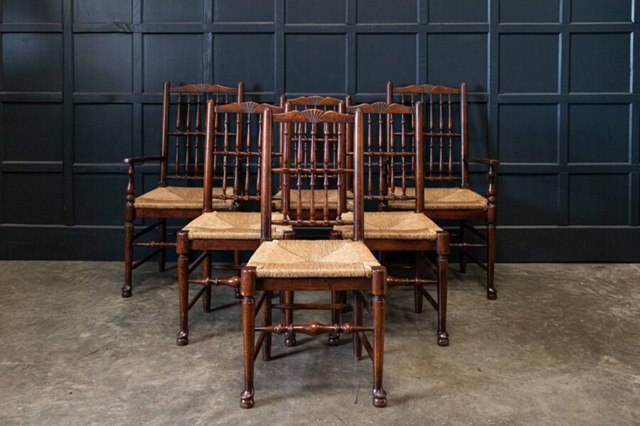 19thC Set of 6 Oak & Rush Dining Chairs