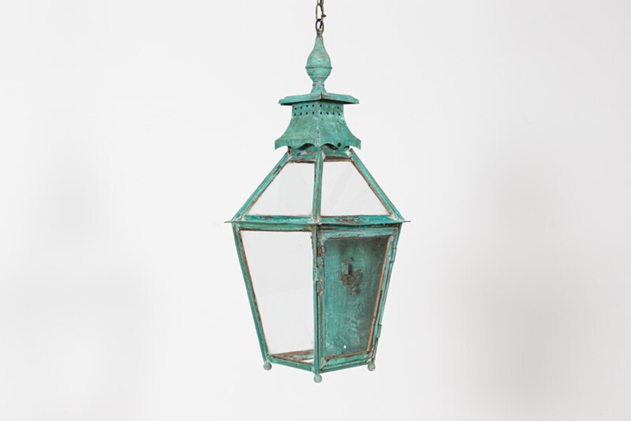 19thC Large French Verdigris Copper Lantern