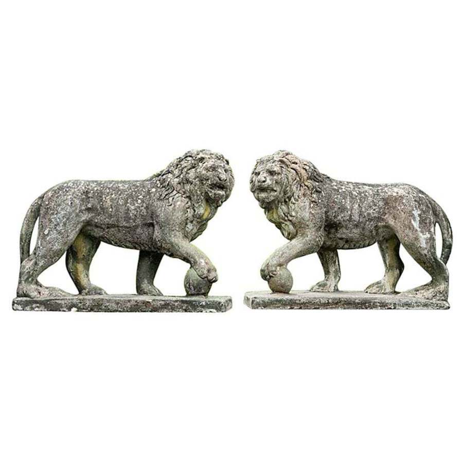 Pair of English Large Cast Stone Medici Lions, circa 1910