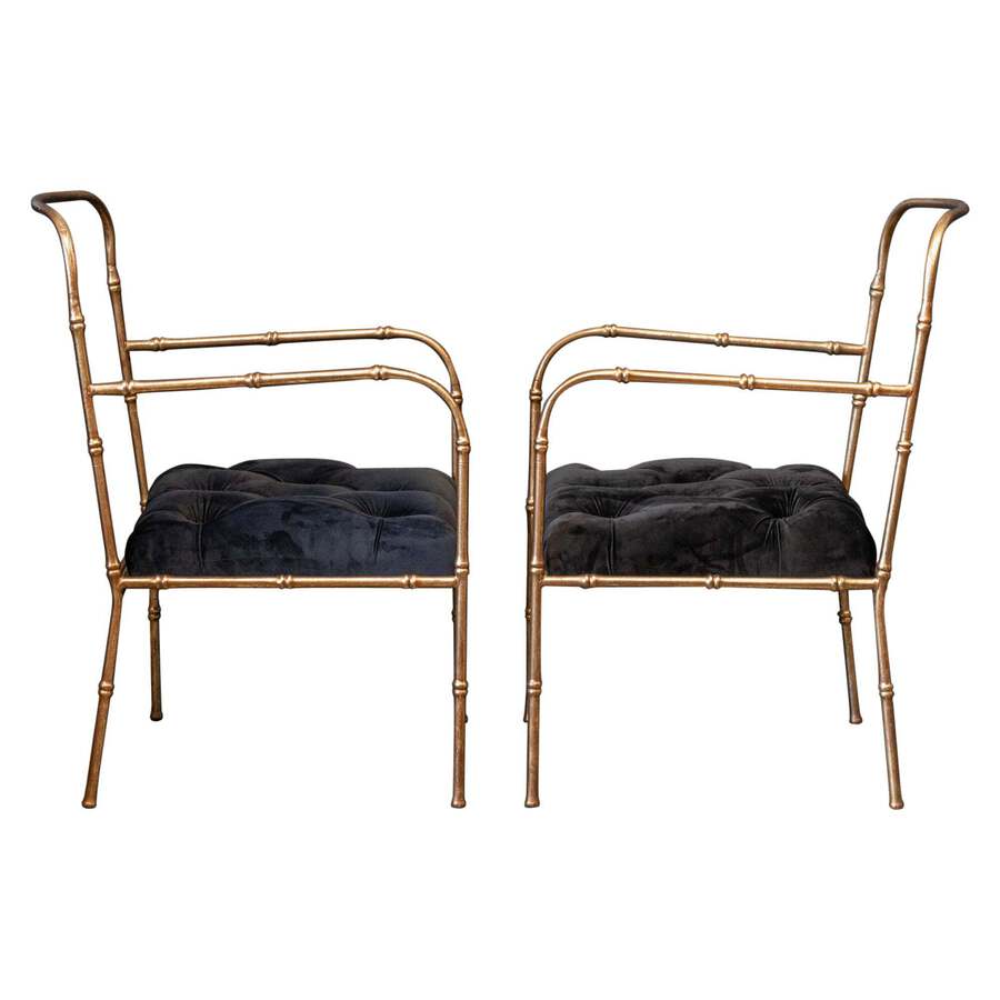 Antique Pair of Jacques Adnet Style Faux Bamboo Gilt Iron Armchairs