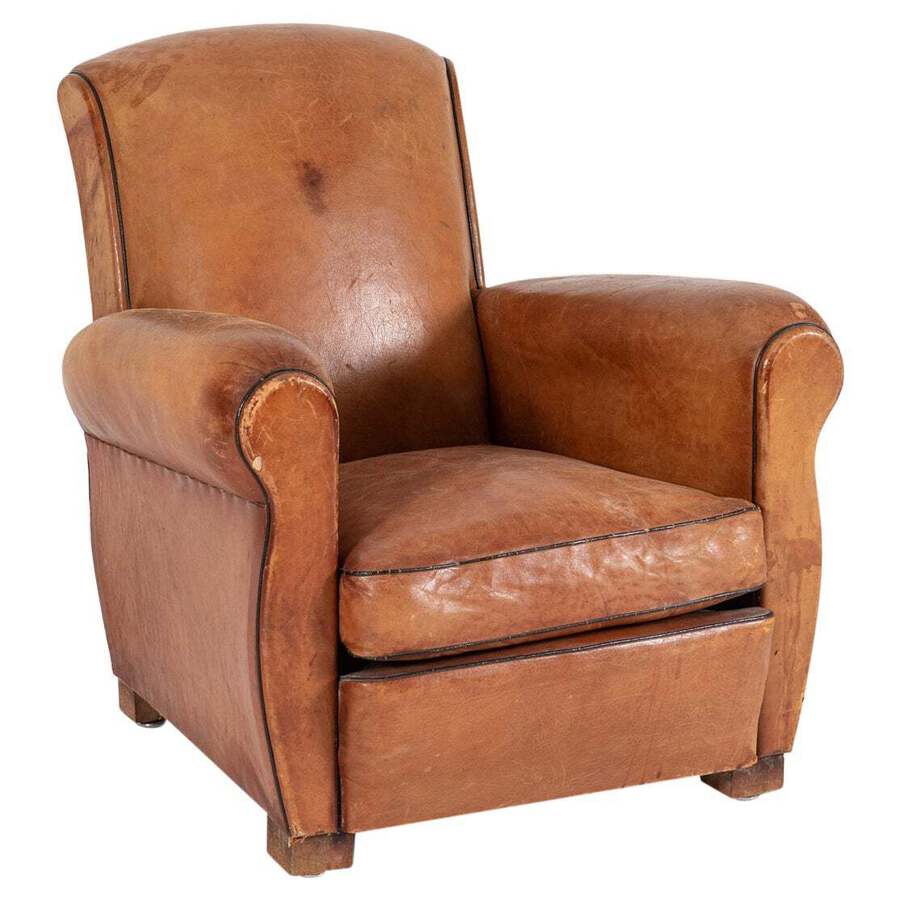 1920's French Tan Leather Club Armchair