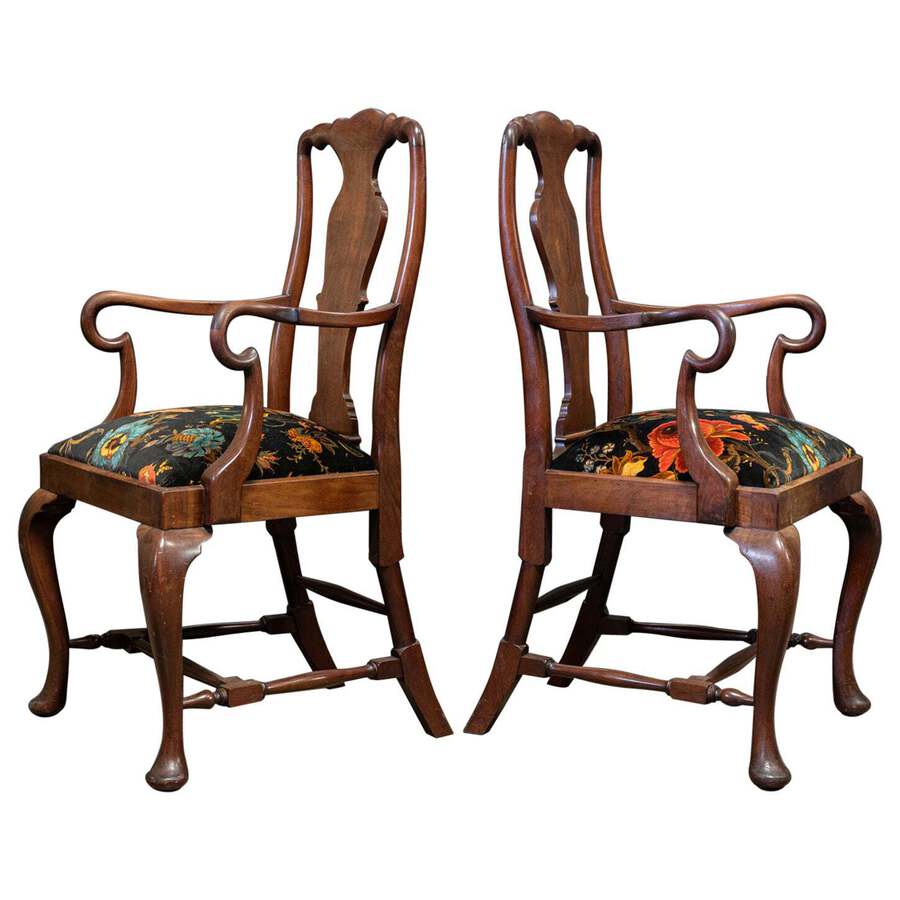 Pair of English 19th Century Large Mahogany Carver Elbow Chairs Reupholstered
