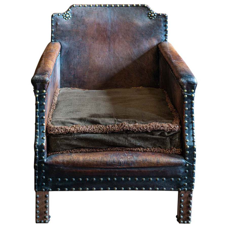 Antique English Leather and Brass Studded Armchair