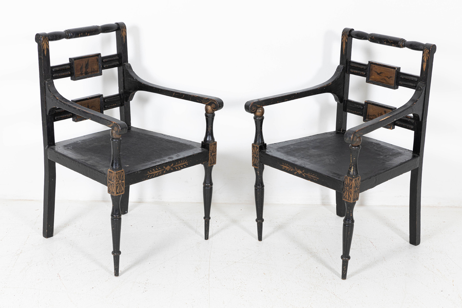 Pair English Regency Revival Chinoiserie Armchairs