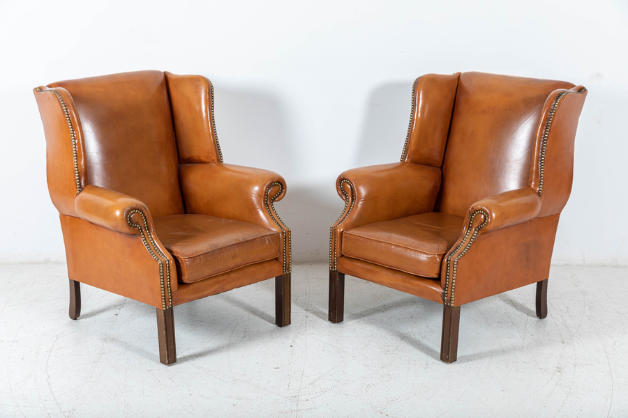 Pair Georgian Style Tan Leather Wingback Armchairs