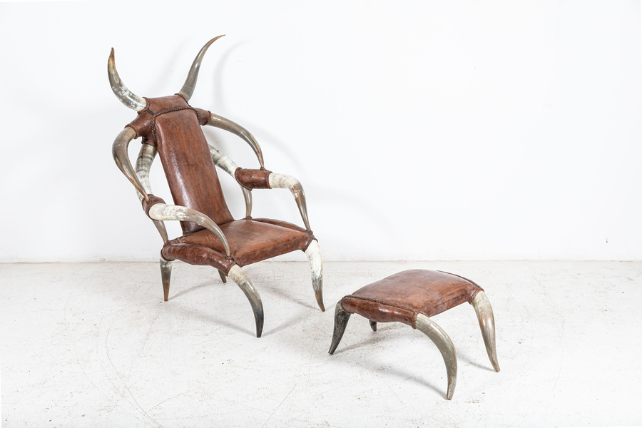 Monumental Horn & Leather Armchair with Foot Stool