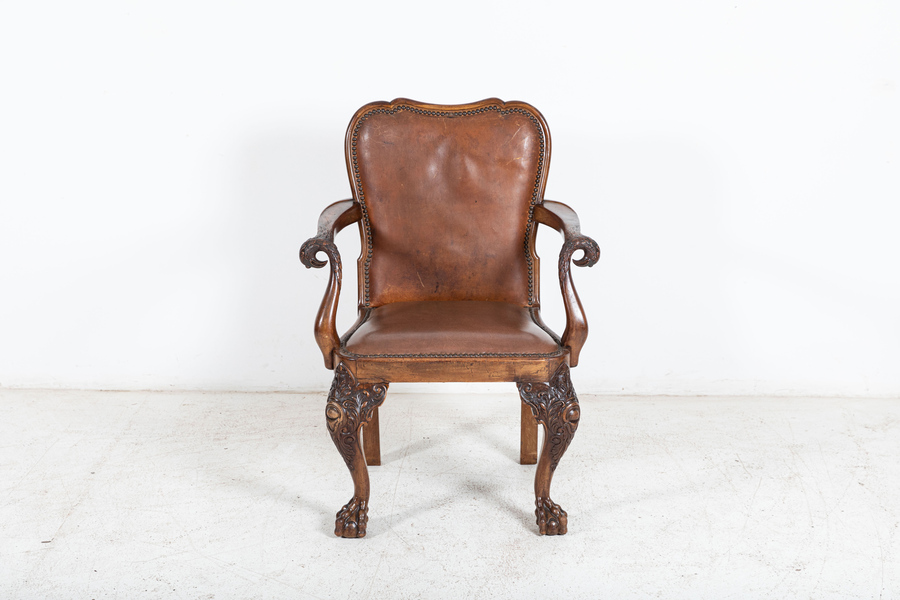 19thC English Carved Walnut Griffin Library Armchair