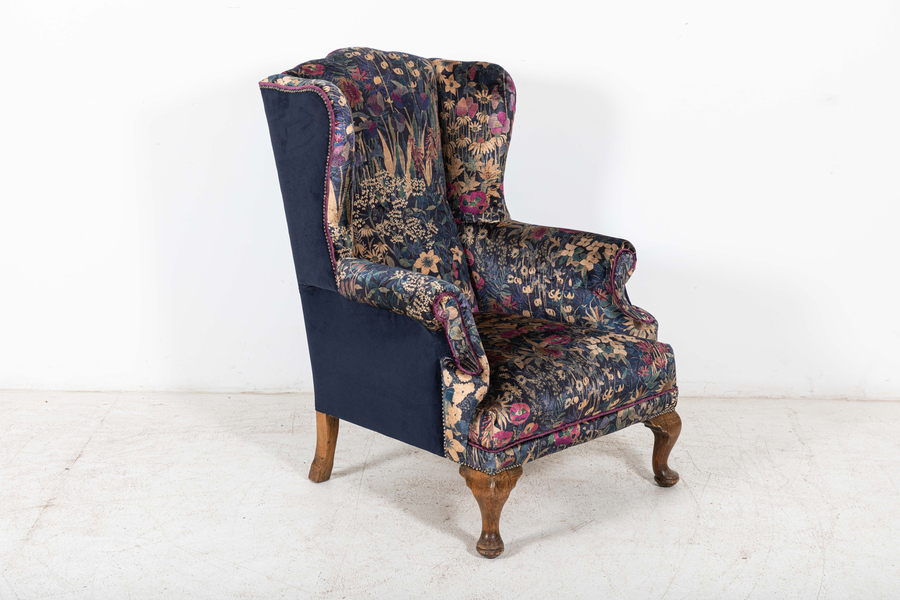 19thC English Mahogany Wingback Armchair Re-upholstered in Liberty