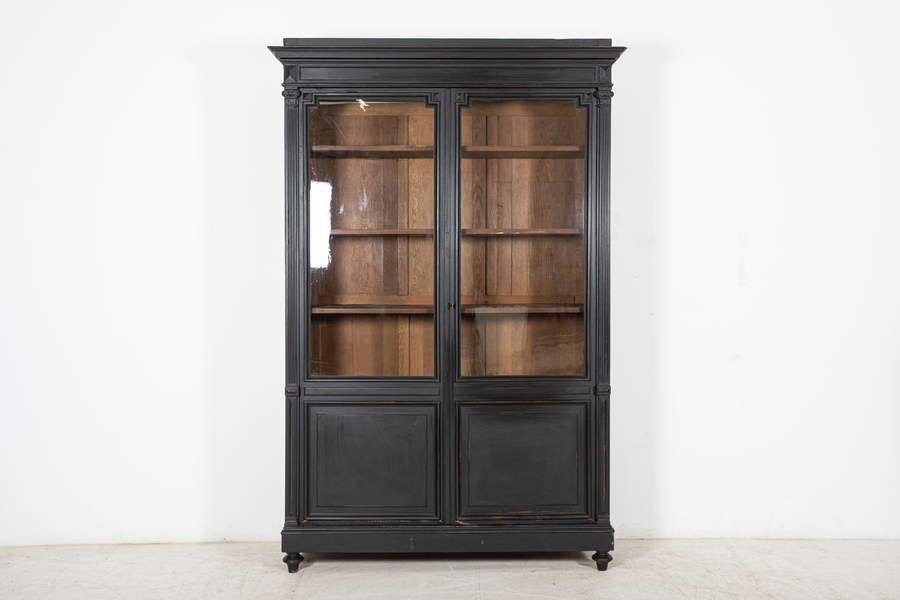 Antique Large 19thC French Ebonized Oak Glazed Vitrine Bookcase