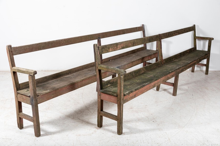 Antique Pair 19thC English Rustic Painted Chapel Benches
