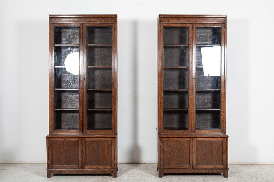 Pair Slim English Oak Glazed Bookcases