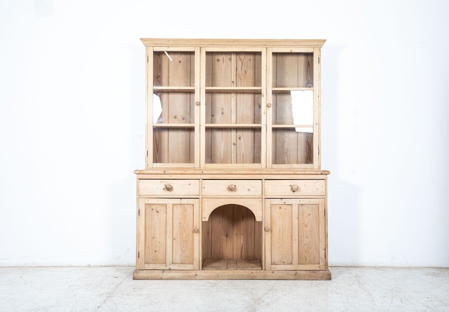 19thC Large English Pine Glazed Panelled Dresser