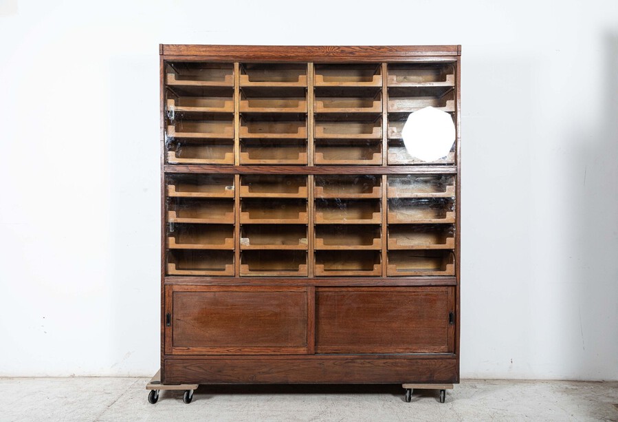 Large English Glazed Oak Haberdashery Cabinet