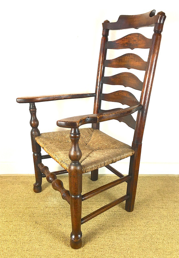 Antique Superb Antique Elm & Ash Rush Seat Arm Chair C.1830  
