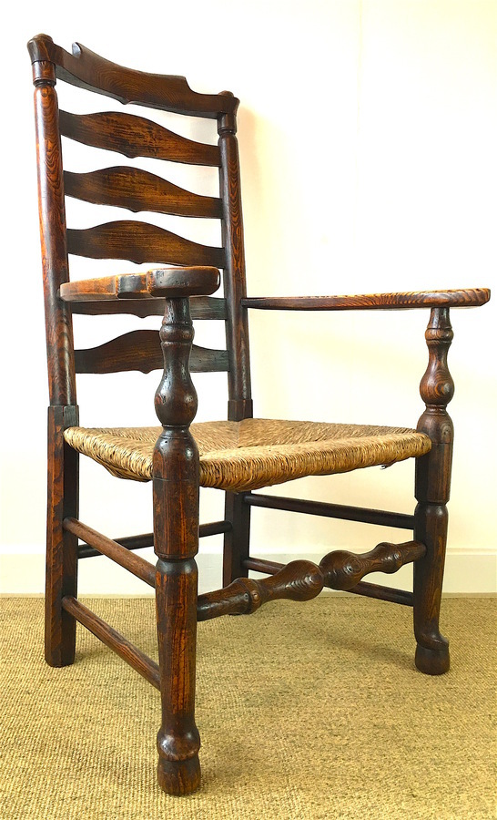 Antique Superb Antique Elm & Ash Rush Seat Arm Chair C.1830  