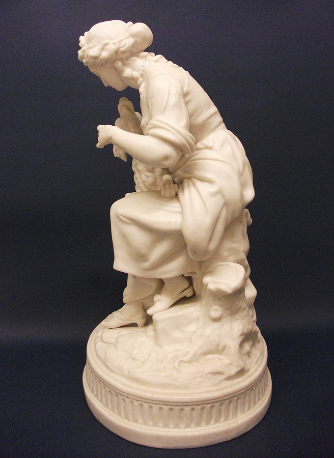 Antique Superb English Parianware Group of a Young Lady Feeding Her Dog a Biscuit, c.1870