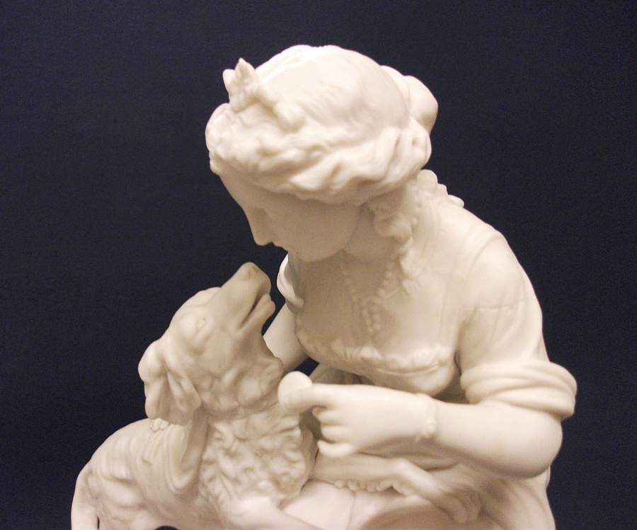 Antique Superb English Parianware Group of a Young Lady Feeding Her Dog a Biscuit, c.1870