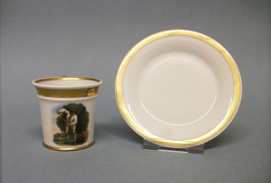 Antique Chamberlain's Worcester Miniature Coffee Cup and Saucer Hand-Painted in the Style of Thomas Baxter, c.1820
