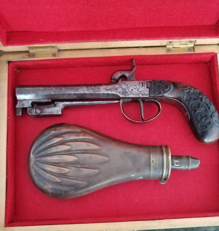 Antique .50 bore percussion spring bayonet pistol.
