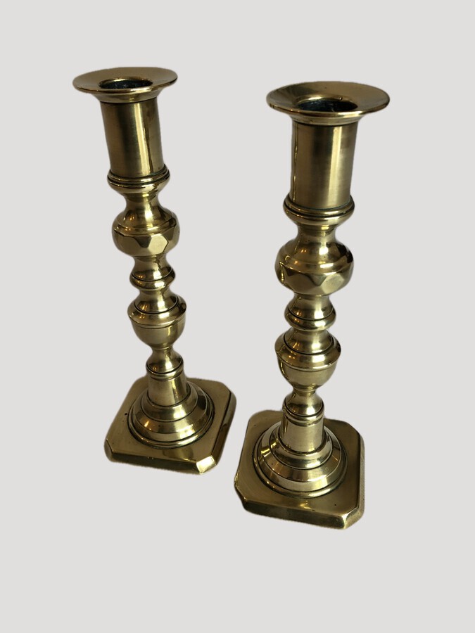 Antique Unusual Pair Of Antique Brass Candlesticks