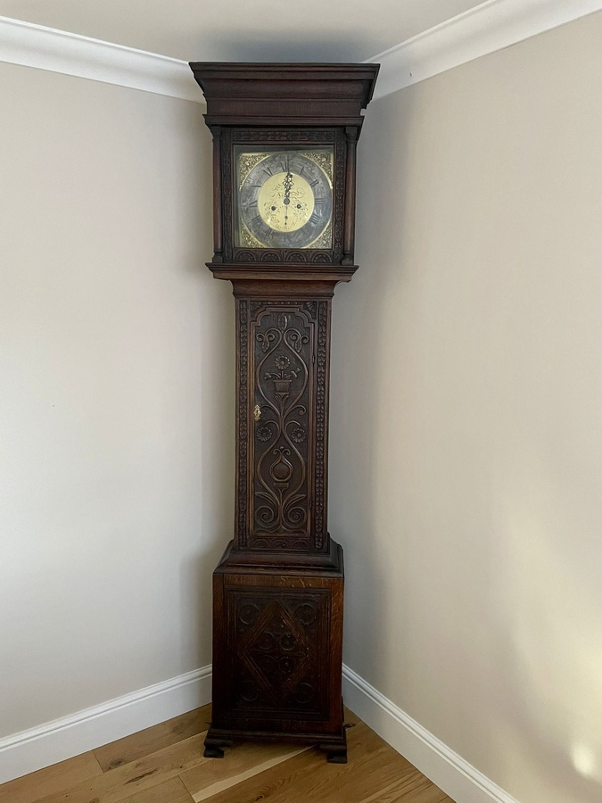 Antique Antique George III Carved Oak Brass Face Longcase Clock