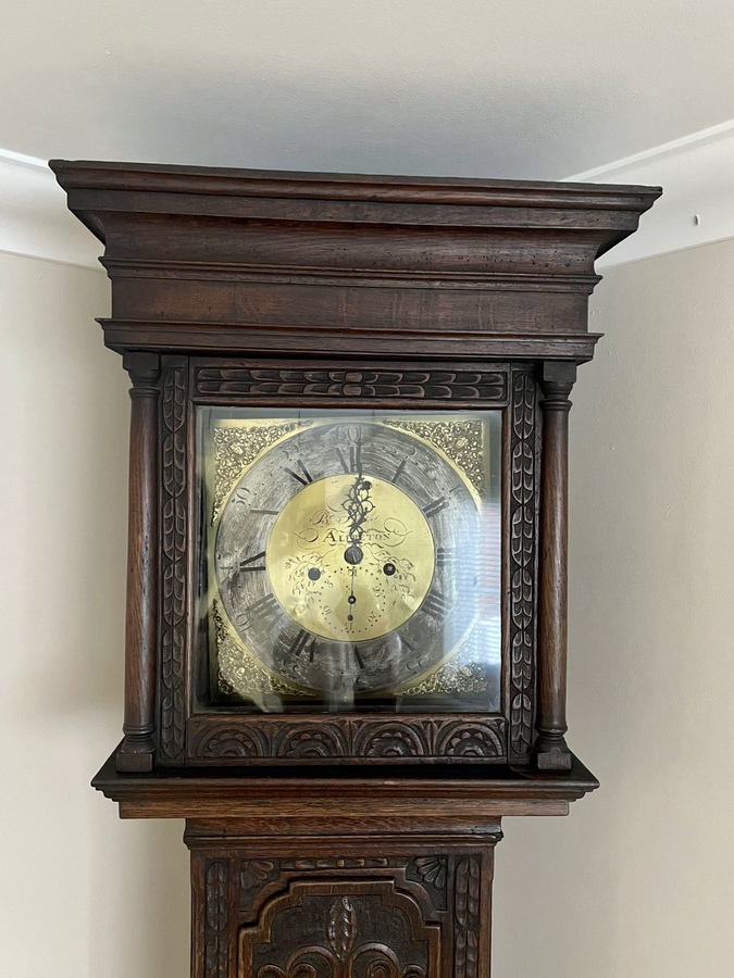 Antique Antique George III Carved Oak Brass Face Longcase Clock