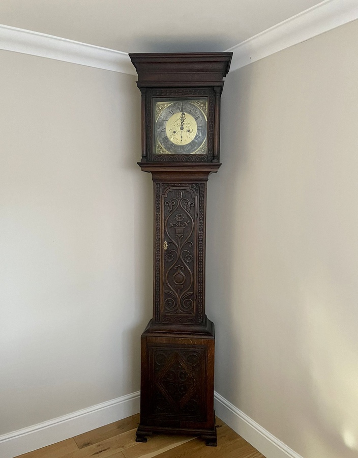 Antique George III Carved Oak Brass Face Longcase Clock