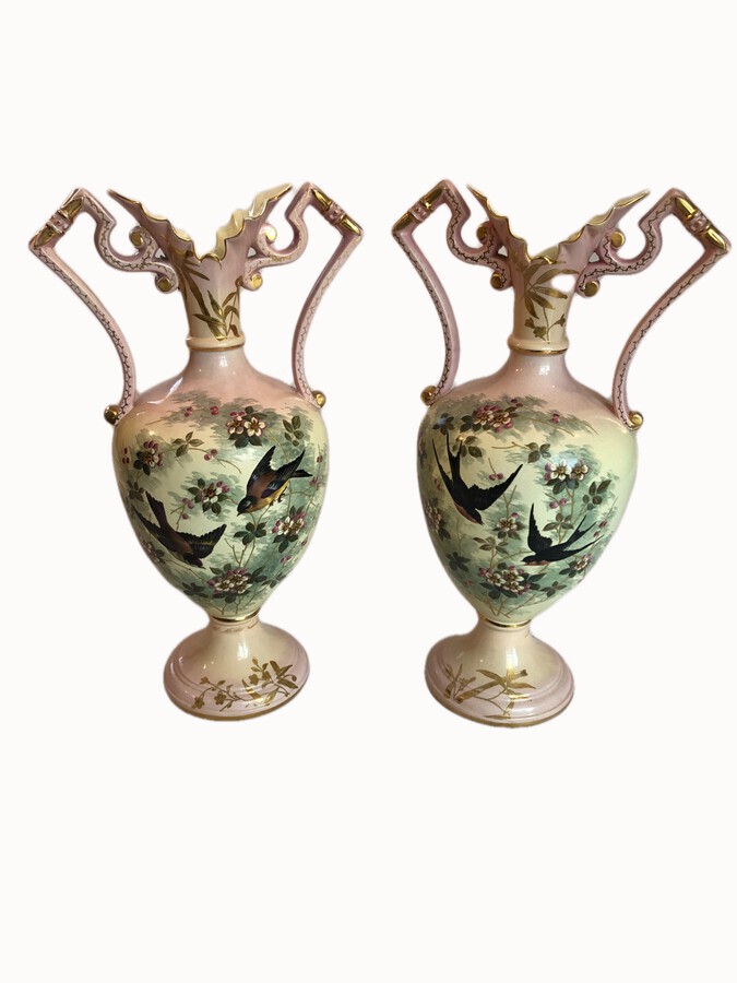 Antique Large Pair Of Antique Victorian Hand Painted & Gilded Vases