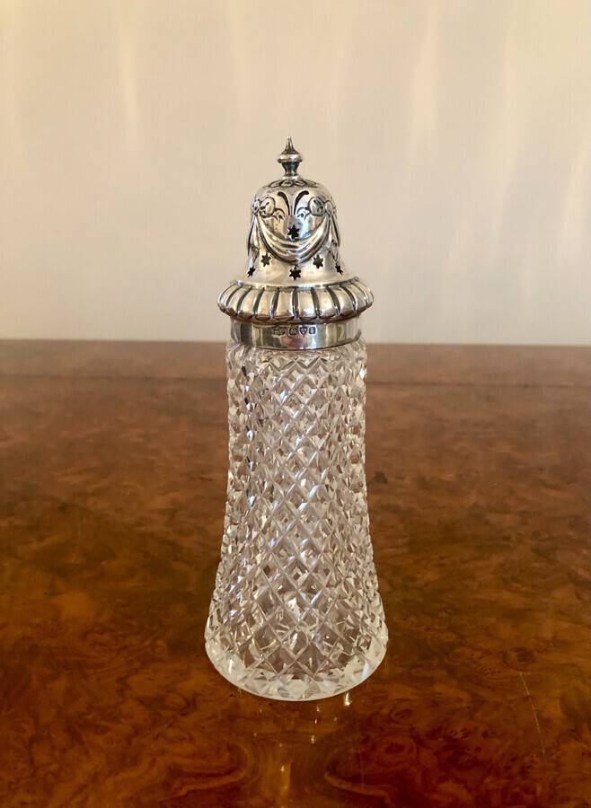 Antique Edward VII Solid Silver & Clear Glass Sugar Caster