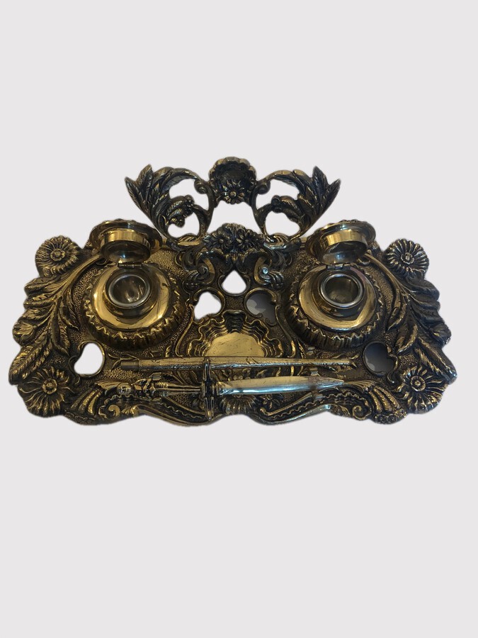 Antique Quality Antique Victorian Ornate Brass Desk Set