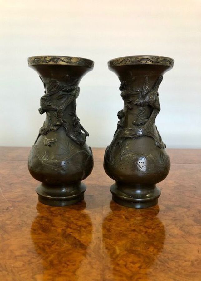 Pair Of Antique Japanese Bronze Vases Meiji Period
