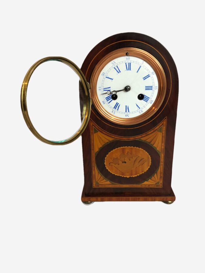 Antique Outstanding Quality Antique Edwardian Inlaid Mahogany 8 Day Striking Desk Clock