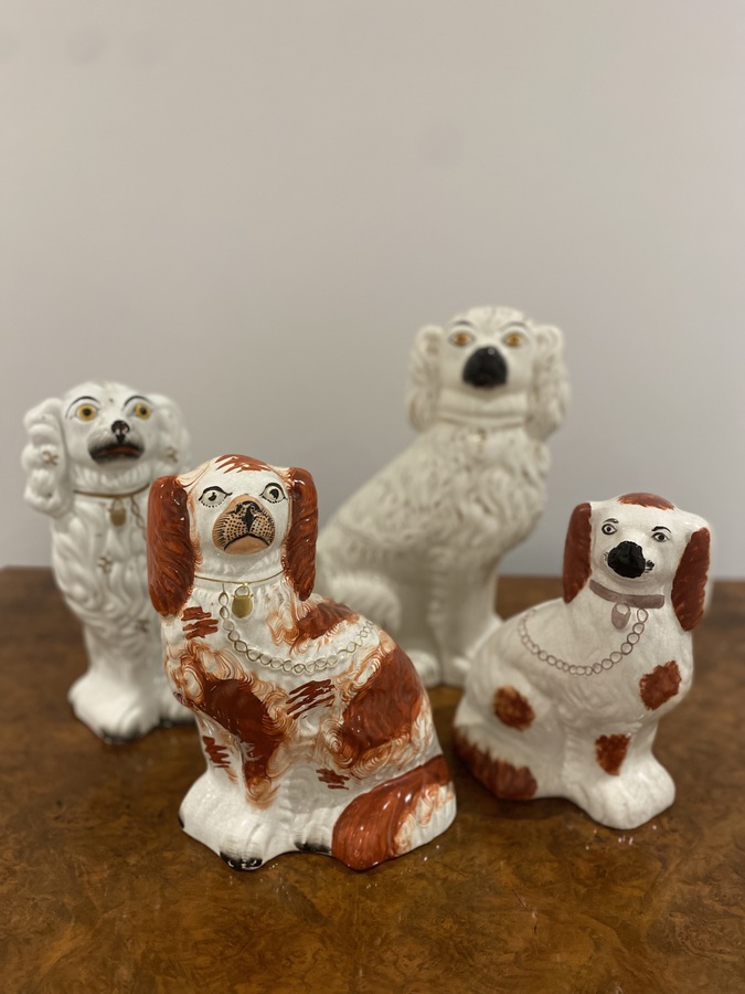 Antique Collection Of Four Antique Quality Staffordshire Hand Painted Spaniels