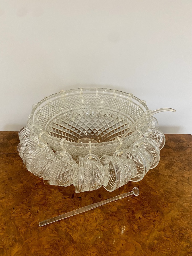 Antique Large Unusual Antique Edwardian Quality Glass Punch Bowl With Eighteen Original Cups