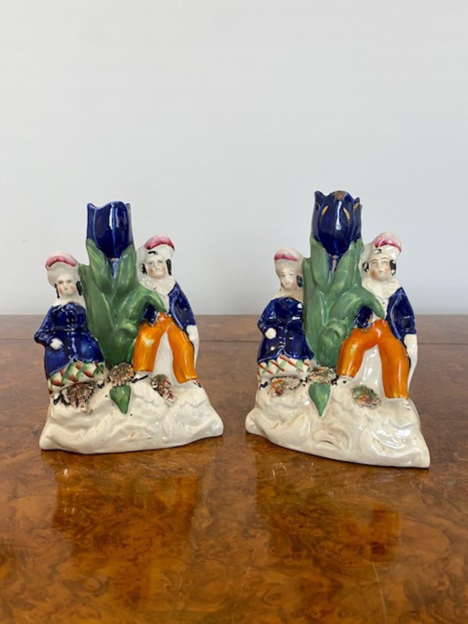Antique Pair Of Antique Victorian Staffordshire Candle Holders
