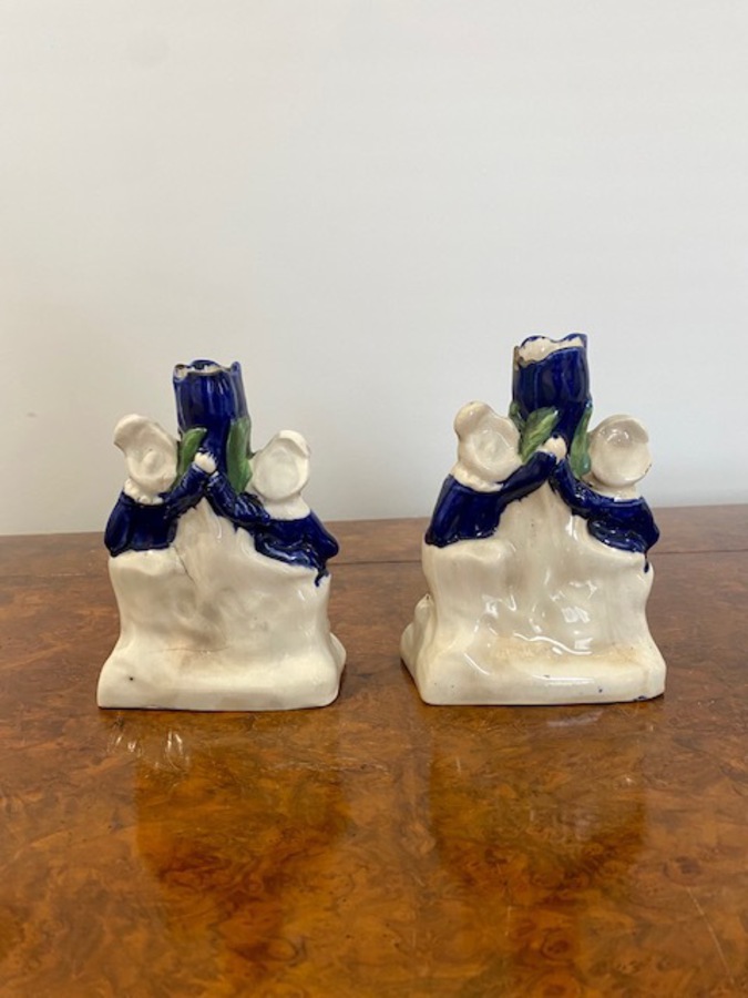 Antique Pair Of Antique Victorian Staffordshire Candle Holders