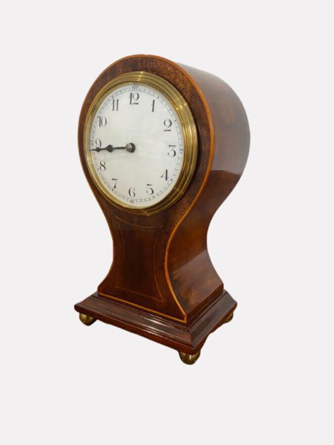 Antique Antique Edwardian Quality Mahogany Inlaid Balloon Shaped Mantle Clock 