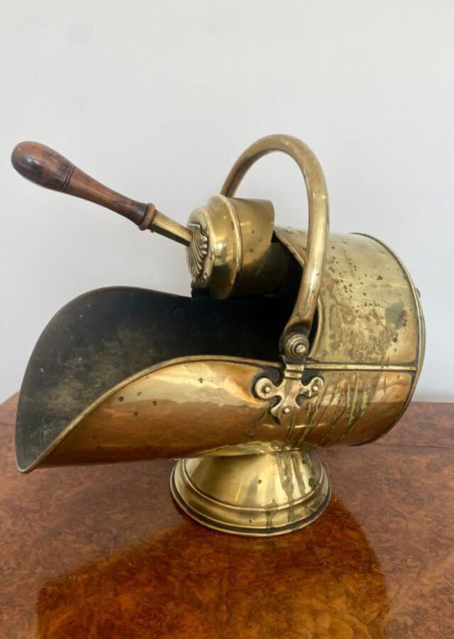 Antique Quality Antique George III Brass Helmet Coal Scuttle With Original Shovel