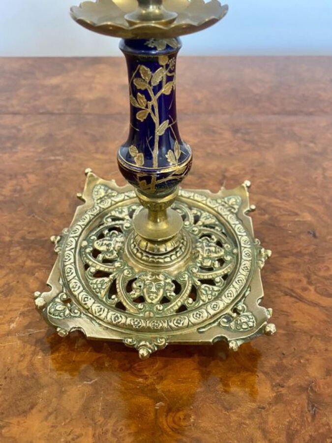 Antique Unusual Pair Of Antique Victorian Quality Brass & Porcelain Candlesticks 