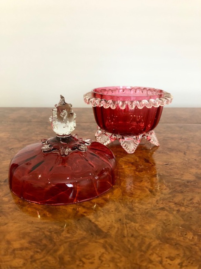 Antique Victorian Quality Cranberry Glass Lidded Bowl