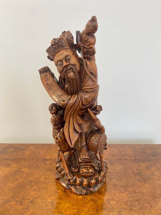 Antique Large Quality Carved Hardwood Chinese Figure Of An Immortal