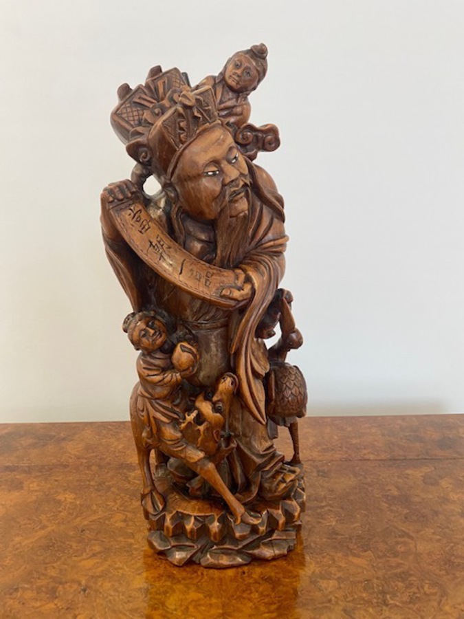 Antique Large Quality Carved Hardwood Chinese Figure Of An Immortal