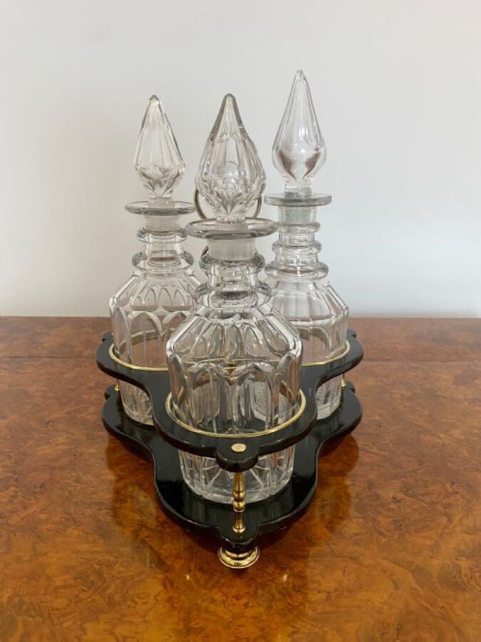 Antique Antique Victorian Quality Decanter Stand With Three Original Cut Glass Decanters