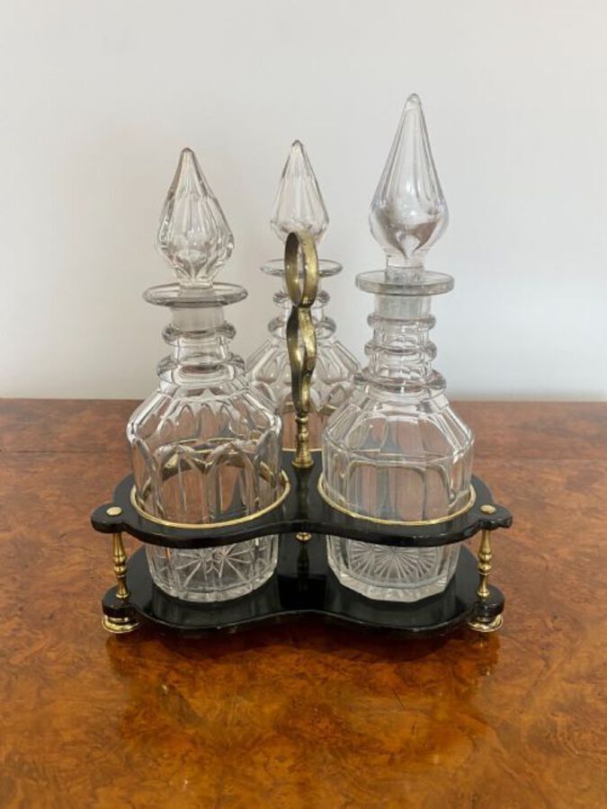 Antique Antique Victorian Quality Decanter Stand With Three Original Cut Glass Decanters